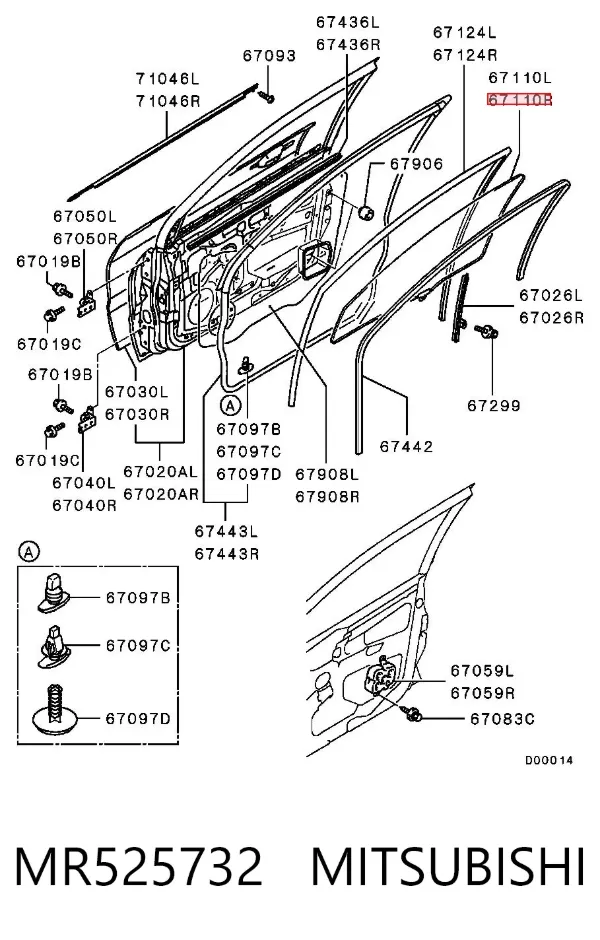 Cristal de puerta delantera derecha MR525732 Mitsubishi
