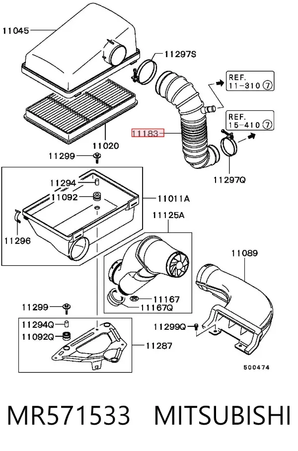 Conducto de aire, salida del filtro de aire MR571533 Mitsubishi