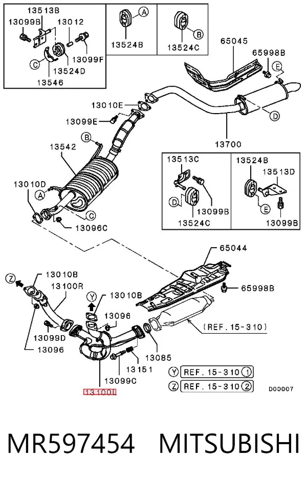 Tubo colector de escape delantero izquierdo MR597454 Mitsubishi