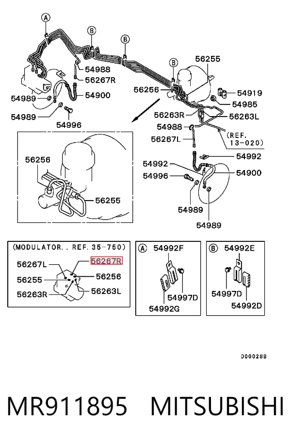 Tubo de freno delantero derecho MR911895 Mitsubishi