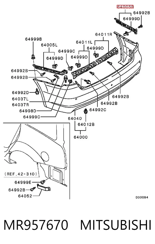 Soporte exterior derecho del parachoques trasero MR957670 Mitsubishi