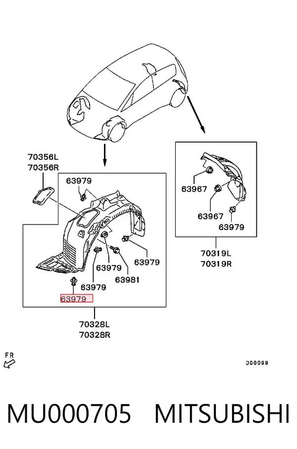 Clip de fijación del guardabarros delantero MU000705 Mitsubishi
