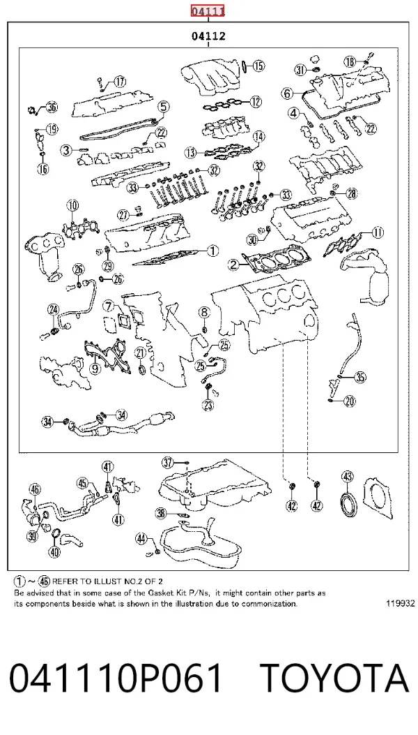 Juego de juntas para motor 041110P061 Toyota