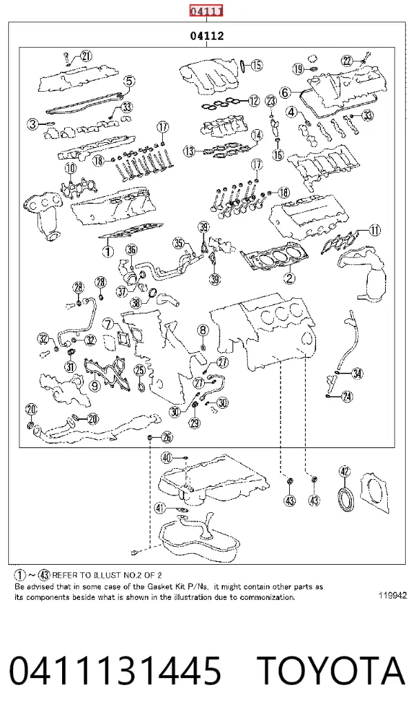 Juego de juntas para motor 0411131445 Toyota