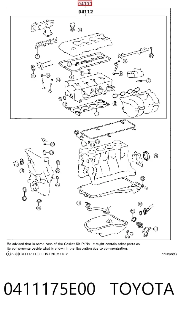 Juego de juntas para motor 0411175E00 Toyota