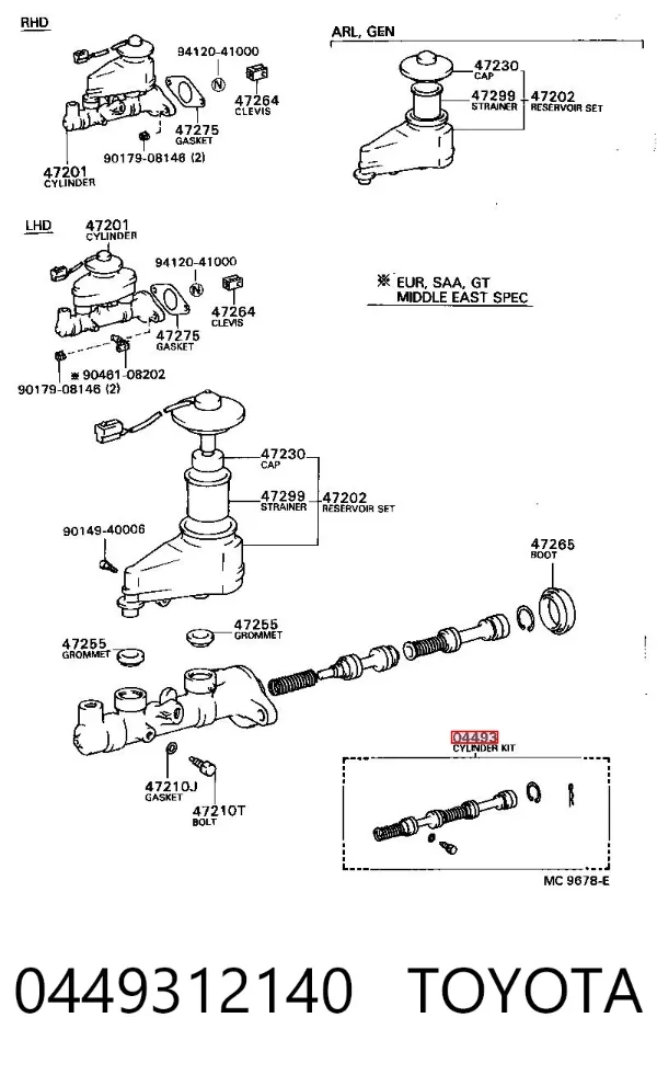 Kit de reparación cilindro de freno principal 0449312140 Toyota