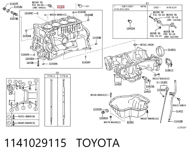 Bloque de cilindros del motor 1141029115 Toyota
