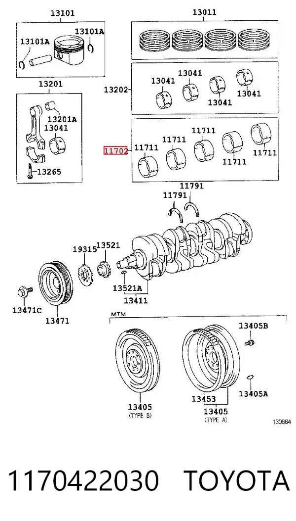 Juego de cojinetes de cigüeñal, cota de reparación (+0,25 mm) 1170422030 Toyota