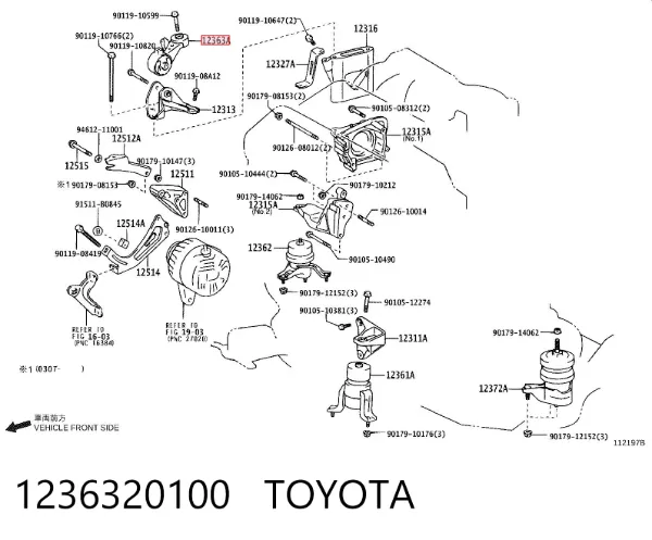 Soporte superior derecho del motor 1236320100 Toyota