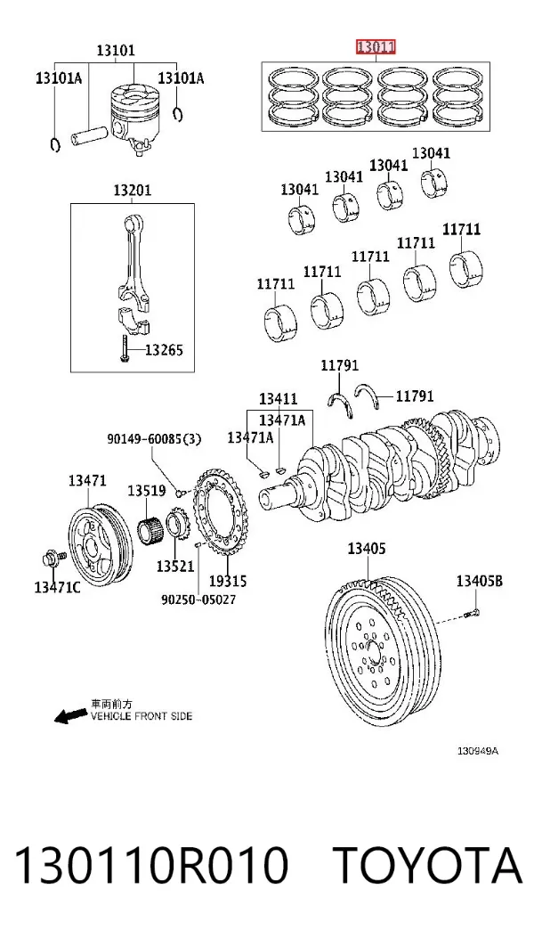 Juego de aros de pistón para motor, sobremedida (+0,25 mm) 130110R010 Toyota