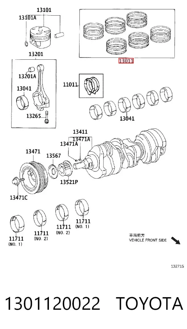 Juego de aros de pistón para motor, sobremedida (+0,25 mm) 1301120022 Toyota