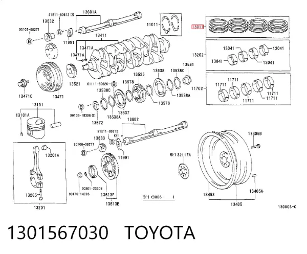Juego de aros de pistón para motor, sobremedida (+1,00 mm) 1301567030 Toyota