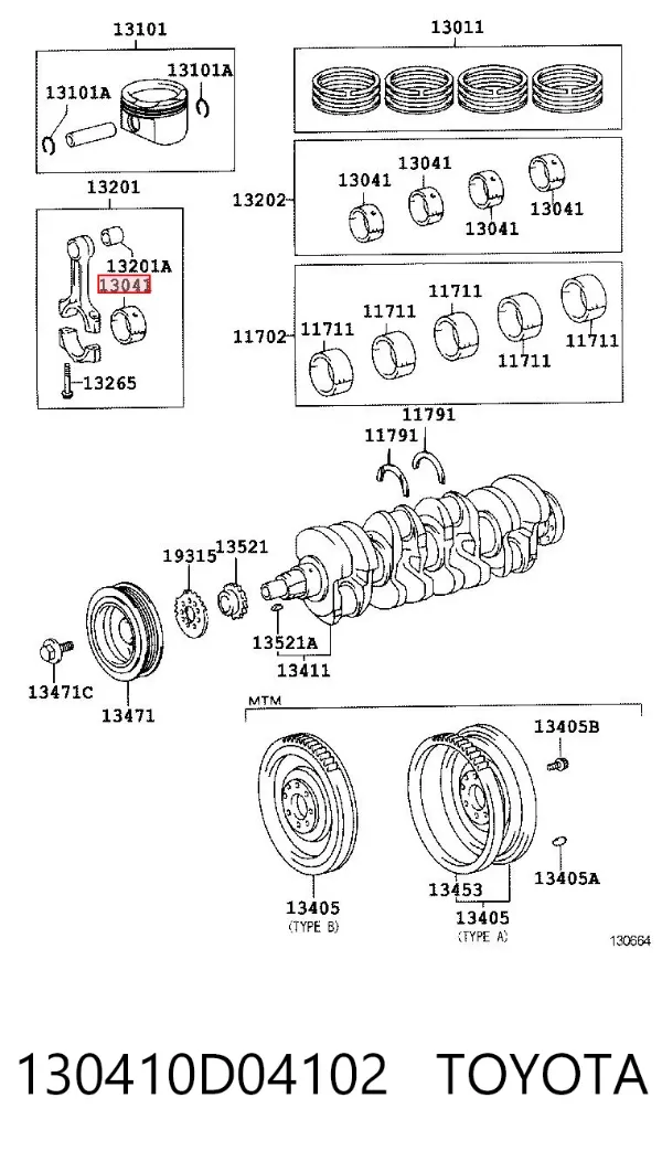 Juego de cojinetes de cigüeñal, cota de reparación (+0,25 mm) 130410D04102 Toyota