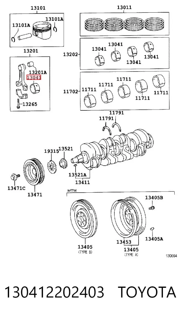 Juego de cojinetes de cigüeñal, cota de reparación (+0,25 mm) 130412202403 Toyota