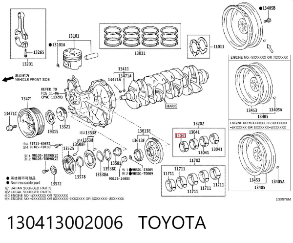 Juego de cojinetes de cigüeñal, cota de reparación (+0,25 mm) 130413002006 Toyota
