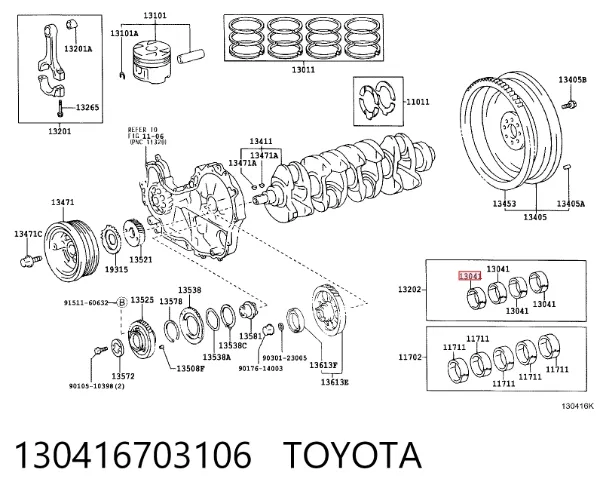 Juego de cojinetes de cigüeñal, cota de reparación (+0,25 mm) 130416703106 Toyota