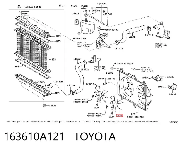 Ventilador izquierdo del radiador de refrigeración 163610A121 Toyota