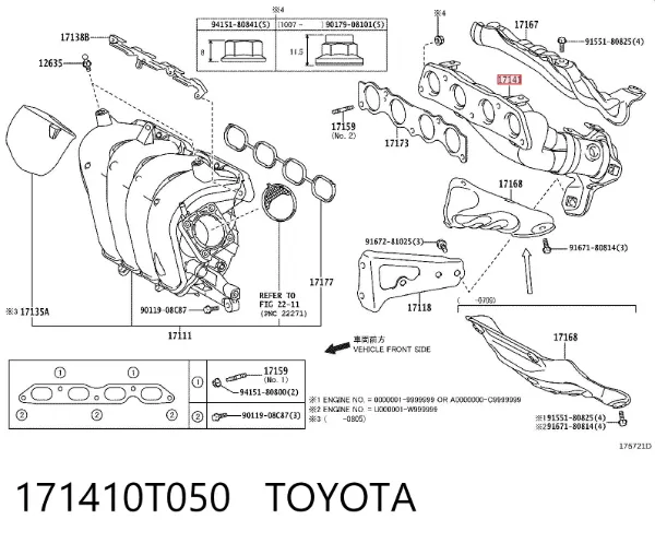 Colector de escape 171410T050 Toyota