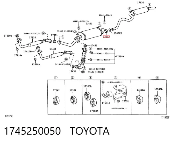 Abrazadera de tubo de escape trasera 1745250050 Toyota