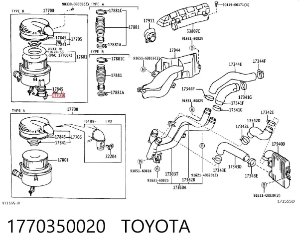 Caja del filtro de aire 1770350020 Toyota