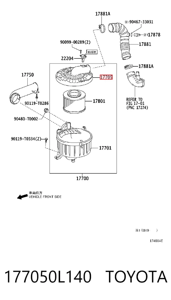 Carcasa del filtro de aire, parte superior 177050L140 Toyota