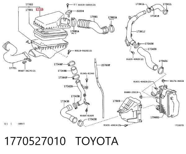 Carcasa del filtro de aire, parte superior 1770527010 Toyota