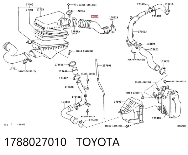 Conducto de aire, salida del filtro de aire 1788027010 Toyota
