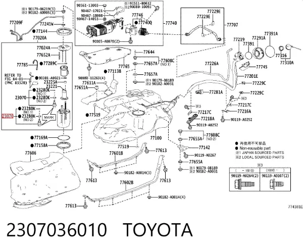 Regulador de presión de combustible del módulo de la bomba en el tanque 2307036010 Toyota