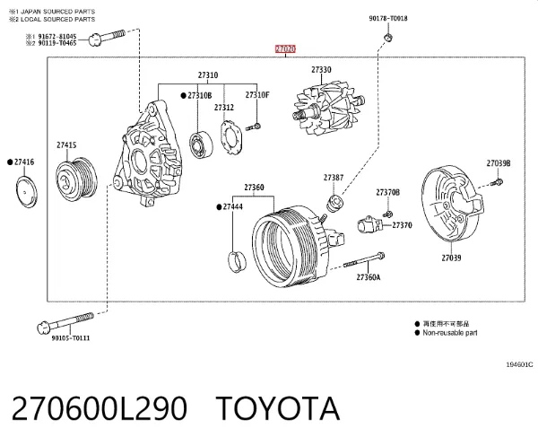 Alternador 270600L290 Toyota
