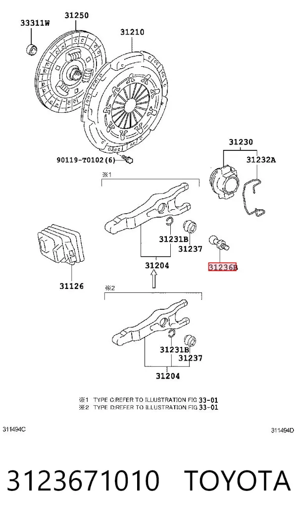 Eje de horquilla de embrague 3123671010 Toyota