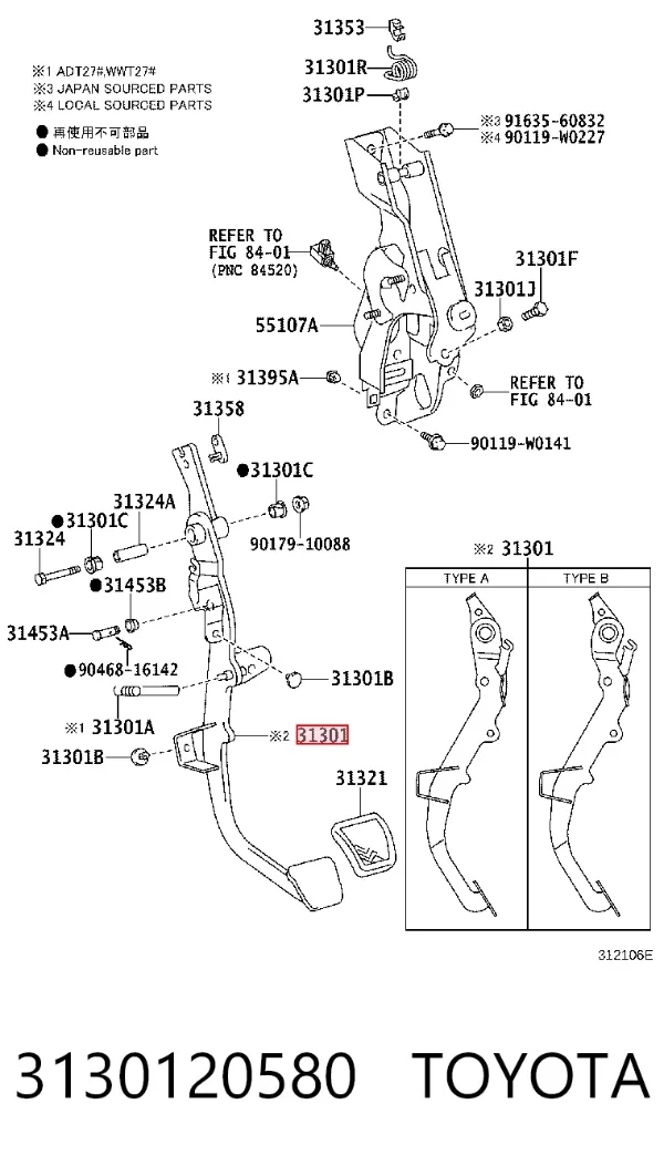 Pedal embrague 3130120580 Toyota