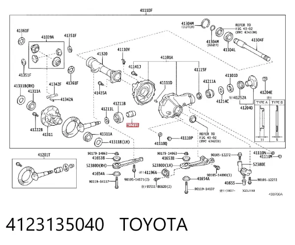Casquillo separador del piñón trasero del eje trasero 4123135040 Toyota