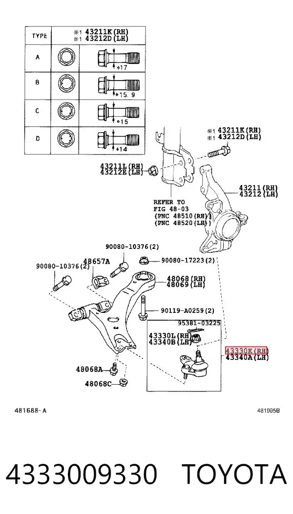 Rótula de suspensión inferior derecha 4333009330 Toyota