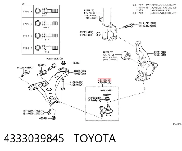 Rótula de suspensión inferior derecha 4333039845 Toyota