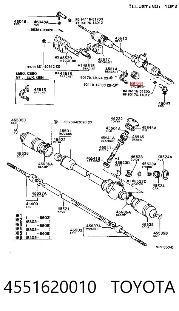 Buje de fijación de la cremallera de dirección 4551620010 Toyota