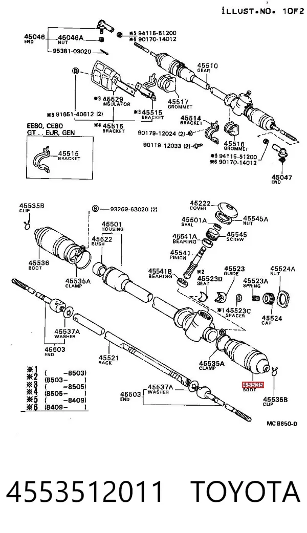 Guardapolvo de dirección derecho (cremallera) 4553512011 Toyota