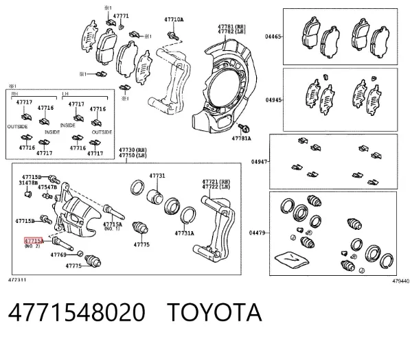 Pasador guía superior de la pinza de freno delantera 4771548020 Toyota