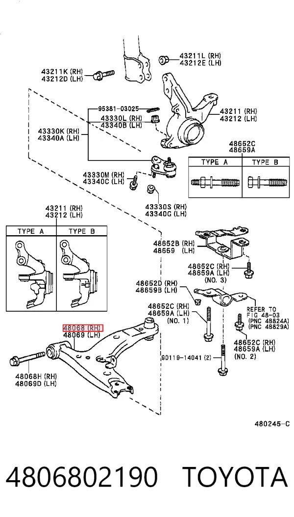 Brazo inferior derecho de la suspensión delantera 4806802190 Toyota