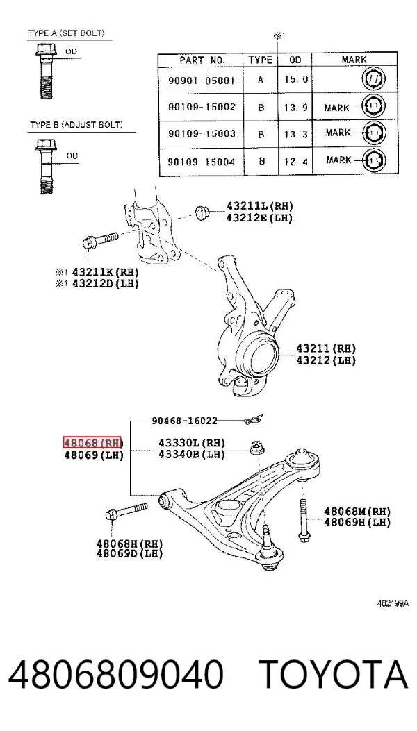 Brazo inferior derecho de la suspensión delantera 4806809040 Toyota