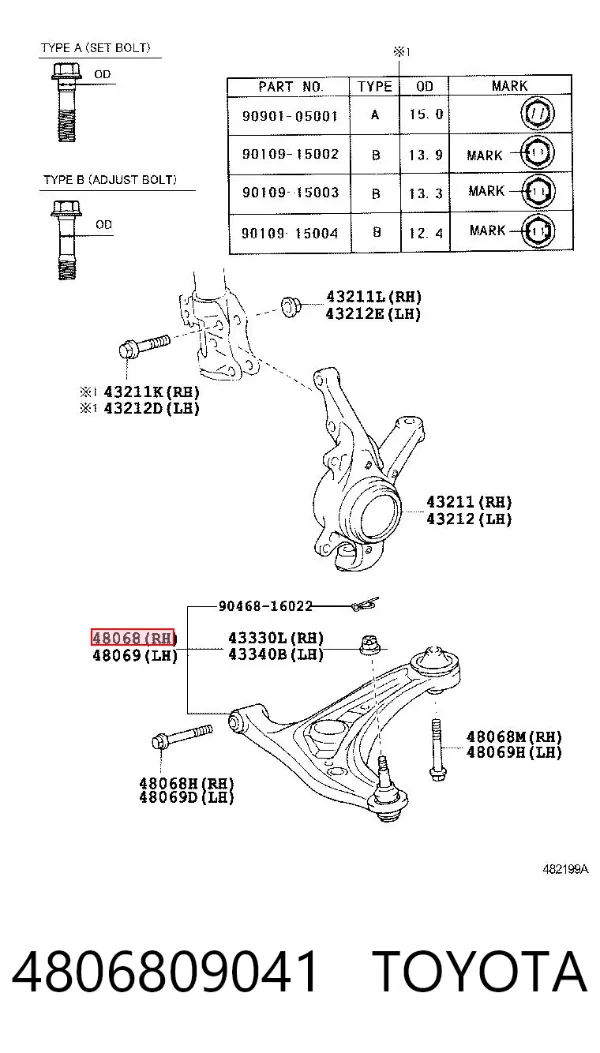 Brazo inferior derecho de la suspensión delantera 4806809041 Toyota