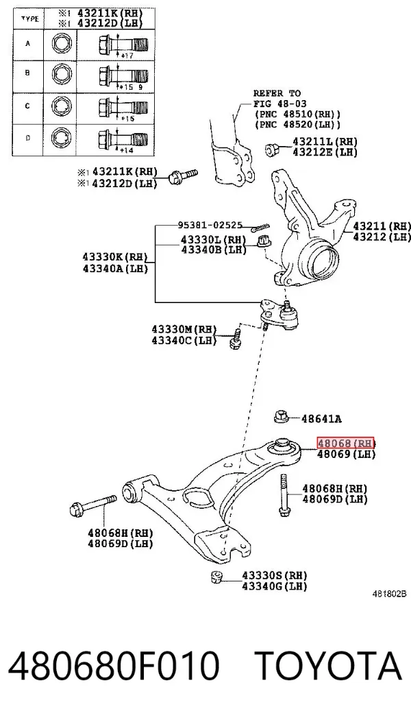 Brazo inferior derecho de la suspensión delantera 480680F010 Toyota