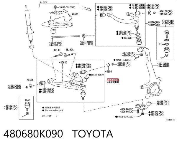 Brazo inferior derecho de la suspensión delantera 480680K090 Toyota