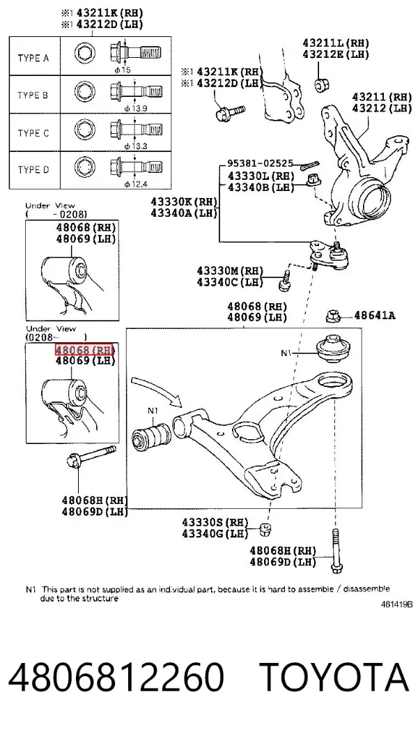 Brazo inferior derecho de la suspensión delantera 4806812260 Toyota