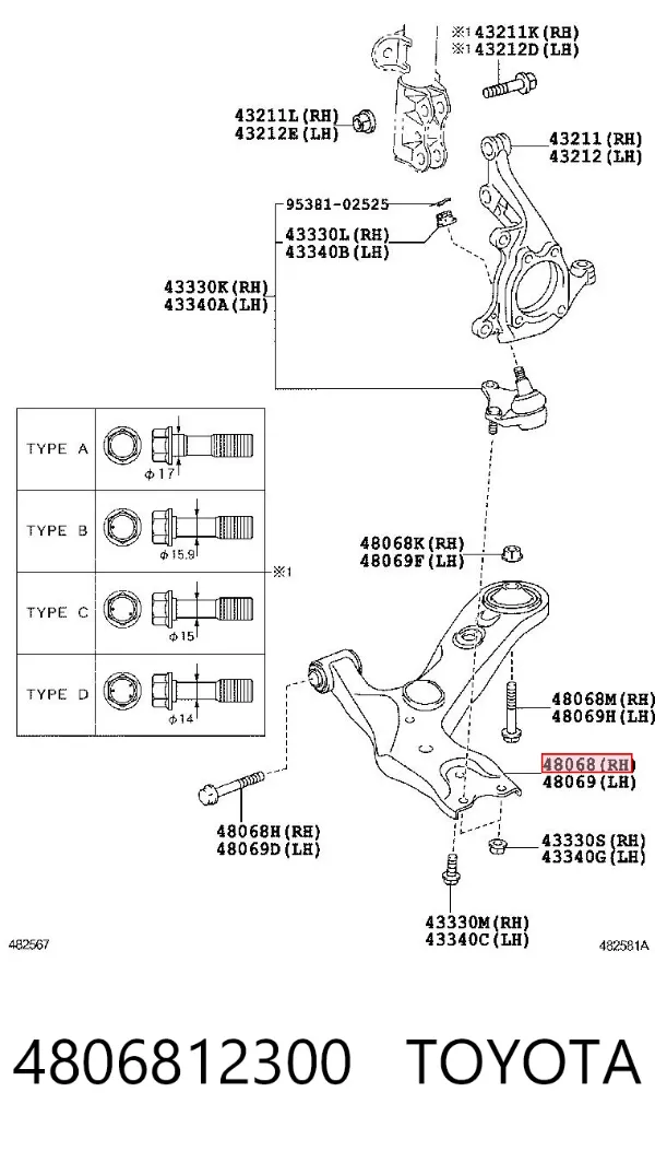 Brazo inferior derecho de la suspensión delantera 4806812300 Toyota