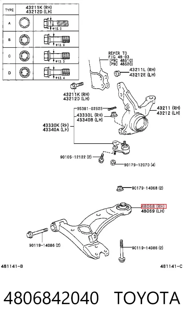 Brazo inferior derecho de la suspensión delantera 4806842040 Toyota