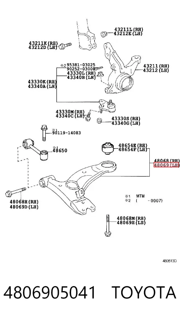 Brazo inferior izquierdo de la suspensión delantera 4806905041 Toyota