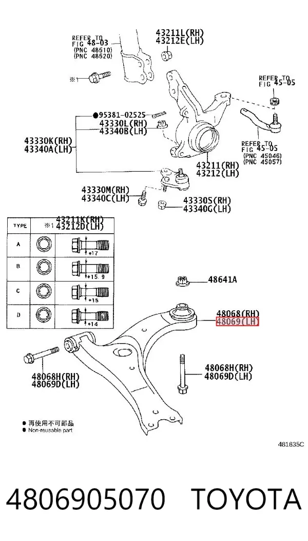 Brazo inferior izquierdo de la suspensión delantera 4806905070 Toyota