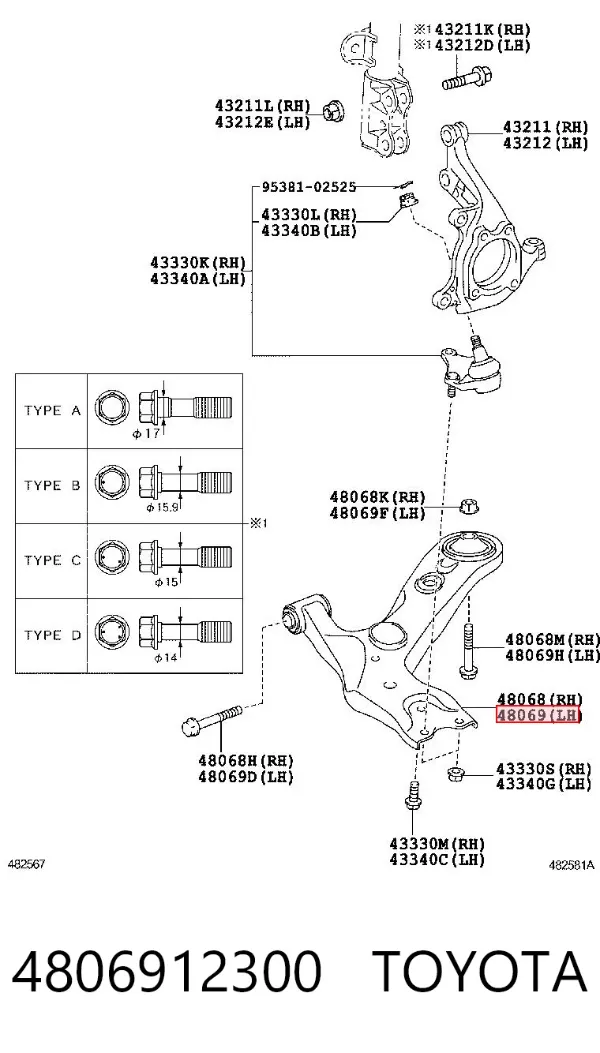 Brazo inferior izquierdo de la suspensión delantera 4806912300 Toyota