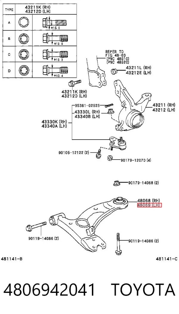 Brazo inferior izquierdo de la suspensión delantera 4806942041 Toyota
