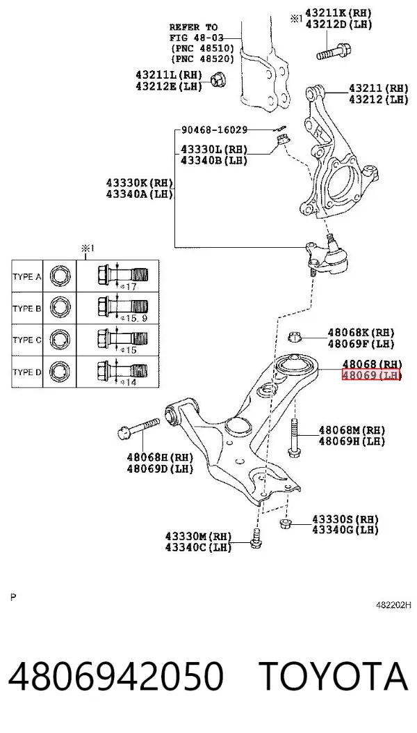 Brazo inferior izquierdo de la suspensión delantera 4806942050 Toyota